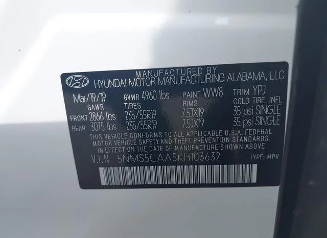 5NMS5CAA5KH103632 2019 2019 Hyundai Santa Fe- Ultimate 2-0T 9