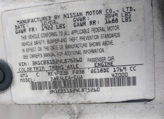 3N1CB51D24L875260 2004 2004 Nissan Sentra- 1-8S 9