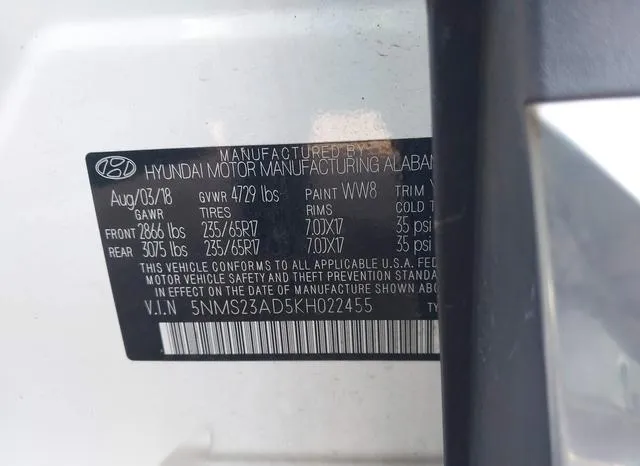 5NMS23AD5KH022455 2019 2019 Hyundai Santa Fe- SE 9