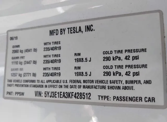 5YJ3E1EA3KF428512 2019 2019 Tesla Model 3- Long Range/Mid Ra 9