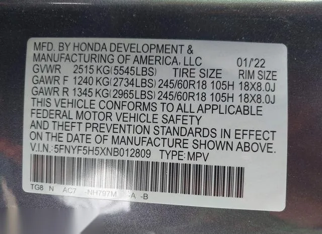 5FNYF5H5XNB012809 2022 2022 Honda Pilot- 2Wd Ex-L 9