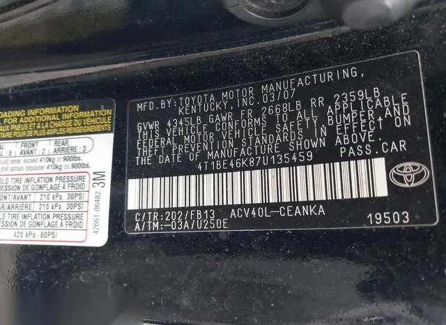 4T1BE46K87U135459 2007 2007 Toyota Camry- LE 9