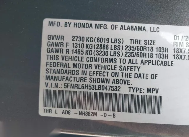 5FNRL6H53LB047532 2020 2020 Honda Odyssey- EX 9