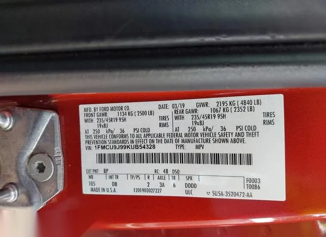 1FMCU9J99KUB54328 2019 2019 Ford Escape- Titanium 9