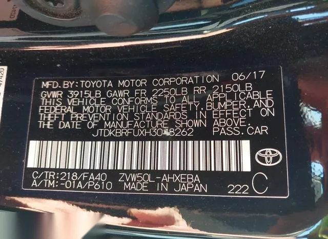 JTDKBRFUXH3048262 2017 2017 Toyota Prius- Two 9