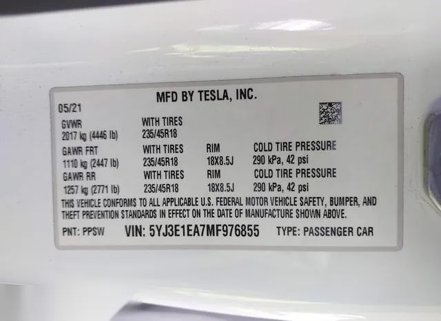 5YJ3E1EA7MF976855 2021 2021 Tesla Model 3- Standard Range P 9