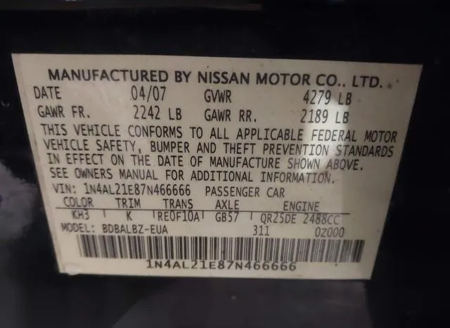 1N4AL21E87N466666 2007 2007 Nissan Altima- 2-5 S 9