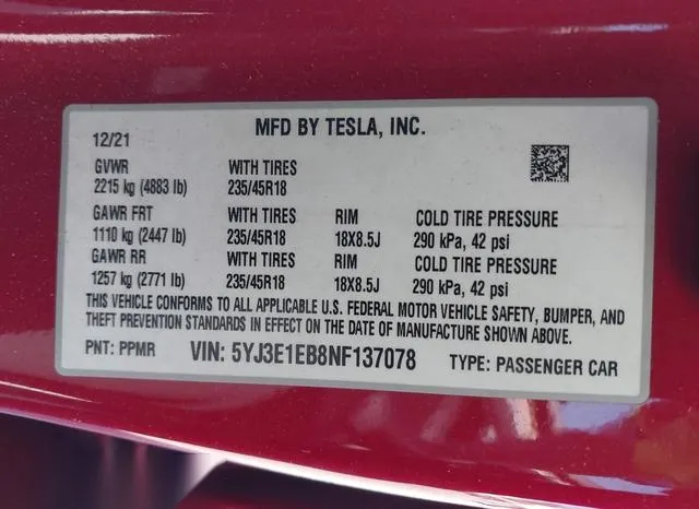 5YJ3E1EB8NF137078 2022 2022 Tesla Model 3- Long Range Dual M 9