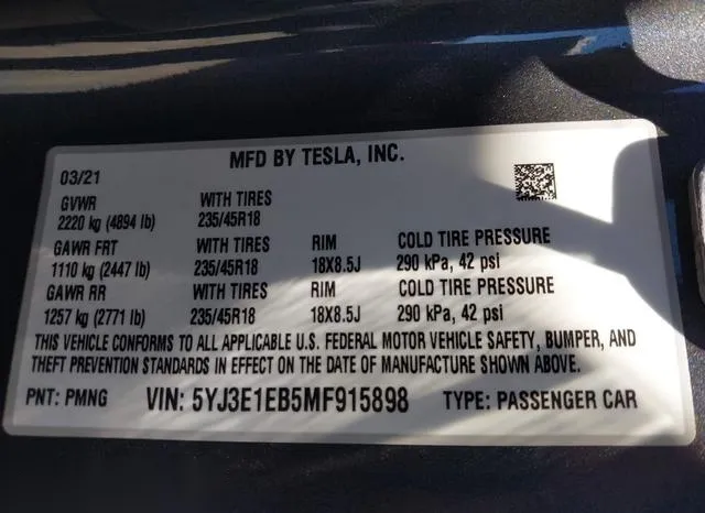 5YJ3E1EB5MF915898 2021 2021 Tesla Model 3- Long Range Dual 9