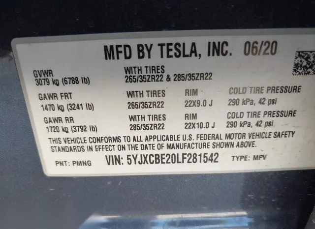 5YJXCBE20LF281542 2020 2020 Tesla Model X 9