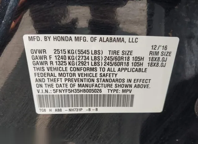 5FNYF5H35HB005026 2017 2017 Honda Pilot- EX 9