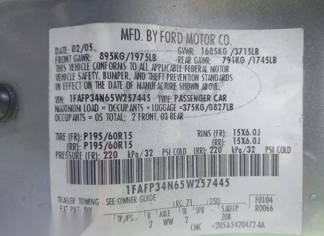 1FAFP34N65W257445 2005 2005 Ford Focus- ZX4 9