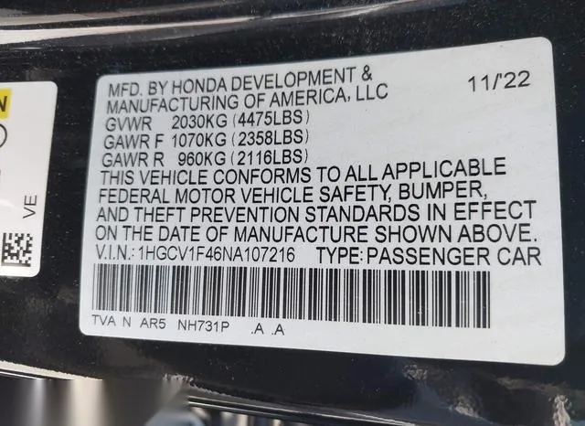 1HGCV1F46NA107216 2022 2022 Honda Accord- Sport Special Edition 9