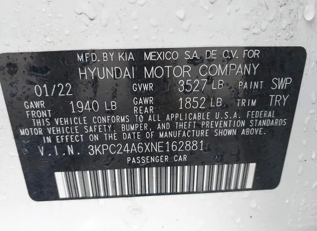 3KPC24A6XNE162881 2022 2022 Hyundai Accent- Sel 9