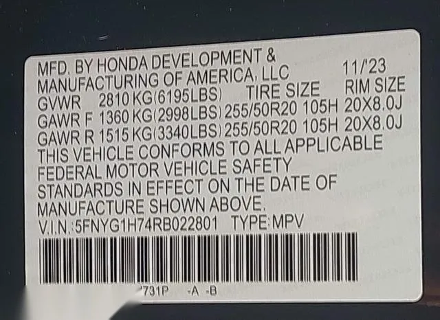 5FNYG1H74RB022801 2024 2024 Honda Pilot- Awd Touring 9