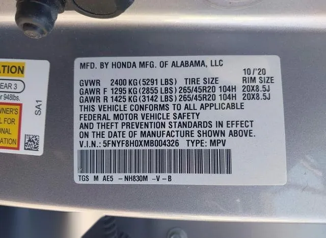 5FNYF8H0XMB004326 2021 2021 Honda Passport- Awd Elite 9