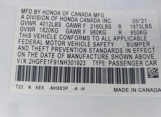 2HGFE1F91NH301923 2022 2022 Honda Civic- Touring 9