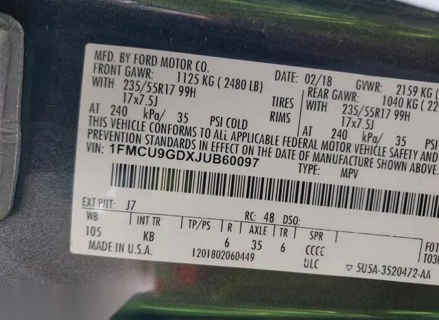 1FMCU9GDXJUB60097 2018 2018 Ford Escape- SE 9