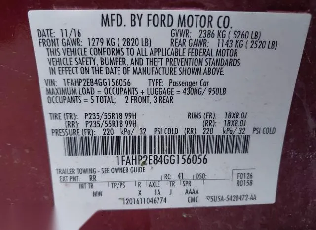 1FAHP2E84GG156056 2016 2016 Ford Taurus- Sel 9