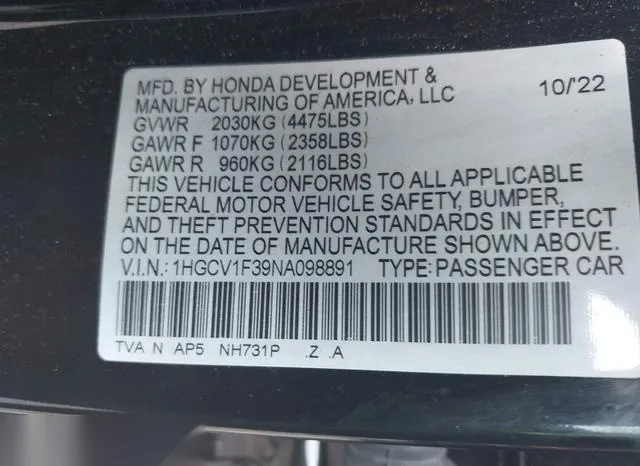 1HGCV1F39NA098891 2022 2022 Honda Accord- Sport 9