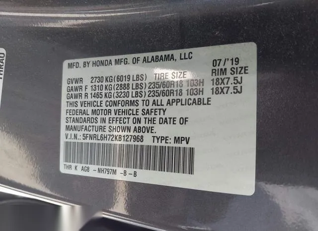 5FNRL6H72KB127968 2019 2019 Honda Odyssey- Ex-L 9