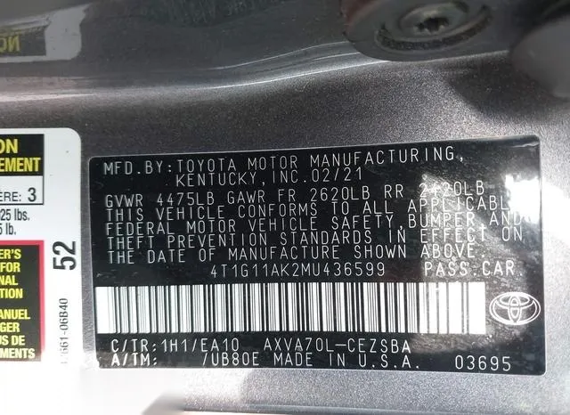 4T1G11AK2MU436599 2021 2021 Toyota Camry- SE 9