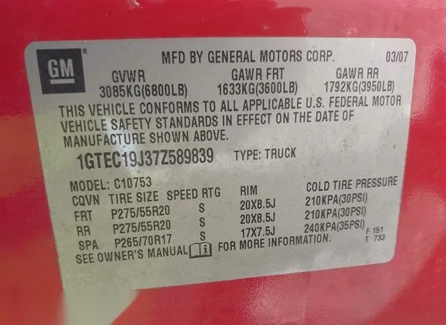 1GTEC19J37Z589839 2007 2007 GMC Sierra- 1500 Slt 9