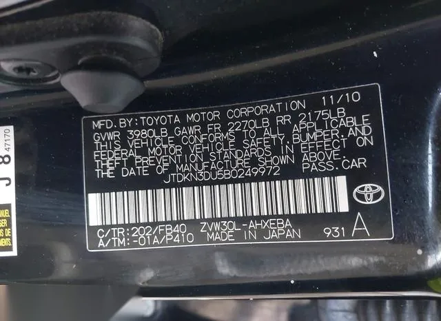 JTDKN3DU5B0249972 2011 2011 Toyota Prius- Three 9