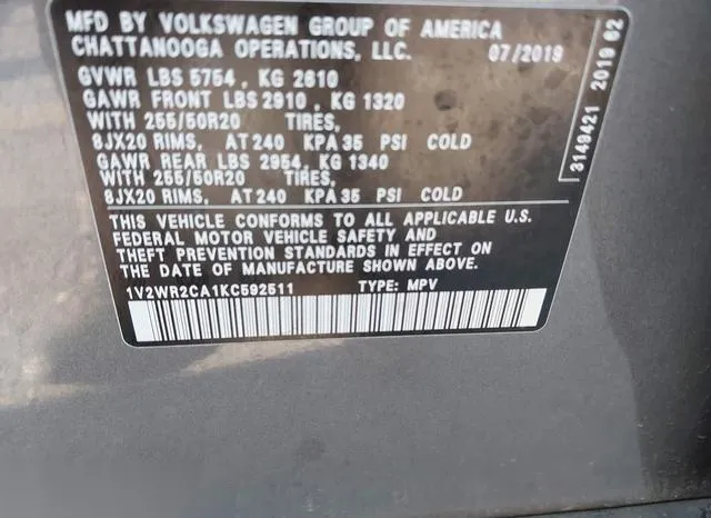 1V2WR2CA1KC592511 2019 2019 Volkswagen Atlas- 3-6L V6 Se W/T 9