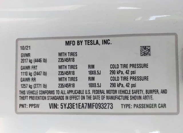 5YJ3E1EA7MF093273 2021 2021 Tesla Model 3- Standard Range Pl 9