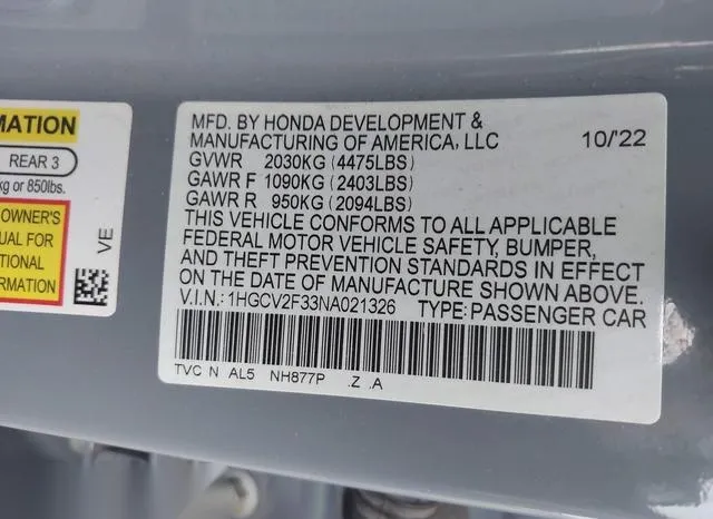 1HGCV2F33NA021326 2022 2022 Honda Accord- Sport 2-0T 9