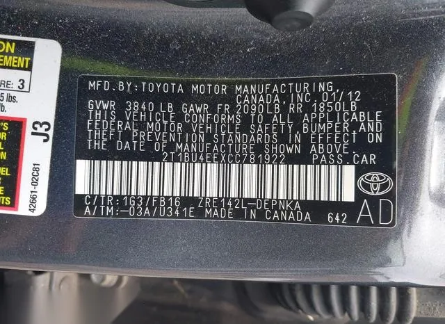 2T1BU4EEXCC781922 2012 2012 Toyota Corolla- LE 9