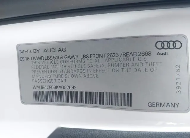 WAUB4CF53KA002692 2019 2019 Audi S5- 3-0T Premium 9