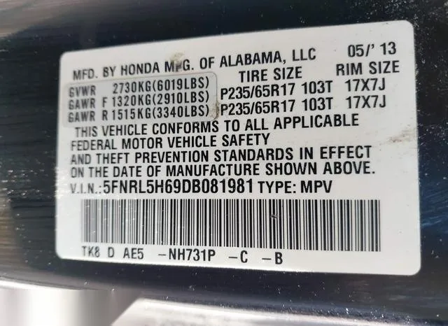 5FNRL5H69DB081981 2013 2013 Honda Odyssey- Ex-L 9