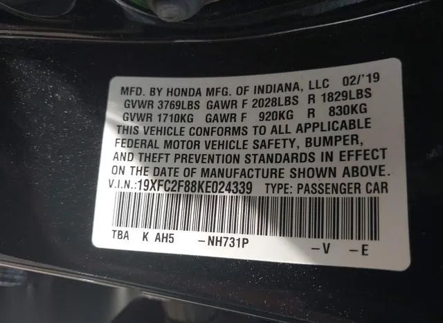 19XFC2F88KE024339 2019 2019 Honda Civic- Sport 9