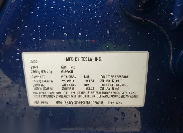 7SAYGDEEXNA019416 2022 2022 Tesla Model Y- Long Range Dual M 9