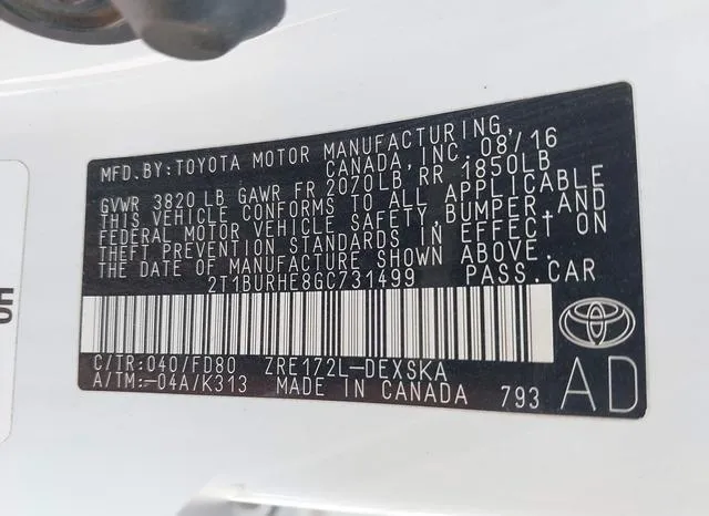 2T1BURHE8GC731499 2016 2016 Toyota Corolla- S Plus 9