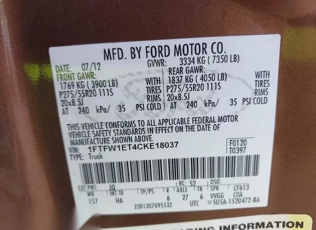 1FTFW1ET4CKE18037 2012 2012 Ford F-150- Lariat 9