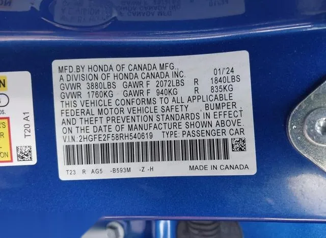 2HGFE2F58RH540619 2024 2024 Honda Civic- Sport 9