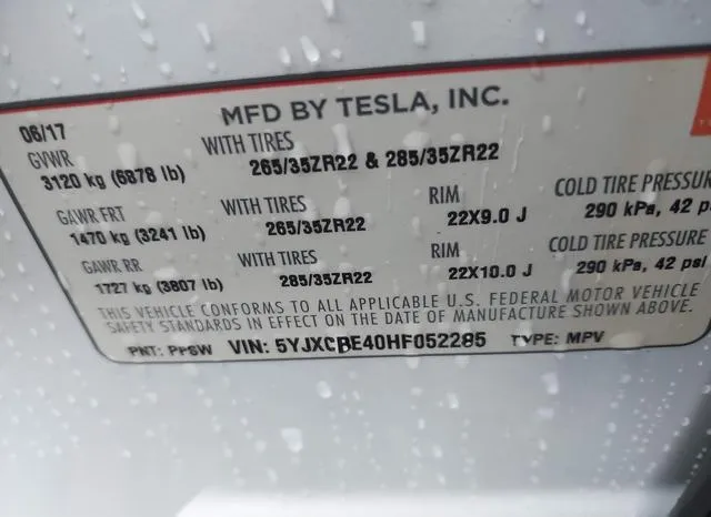 5YJXCBE40HF052285 2017 2017 Tesla Model X 9