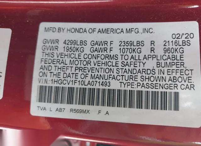 1HGCV1F10LA071493 2020 2020 Honda Accord- LX 9