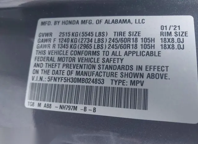 5FNYF5H30MB024853 2021 2021 Honda Pilot- 2Wd Ex 9