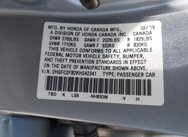 2HGFC2F82KH542341 2019 2019 Honda Civic- Sport 9