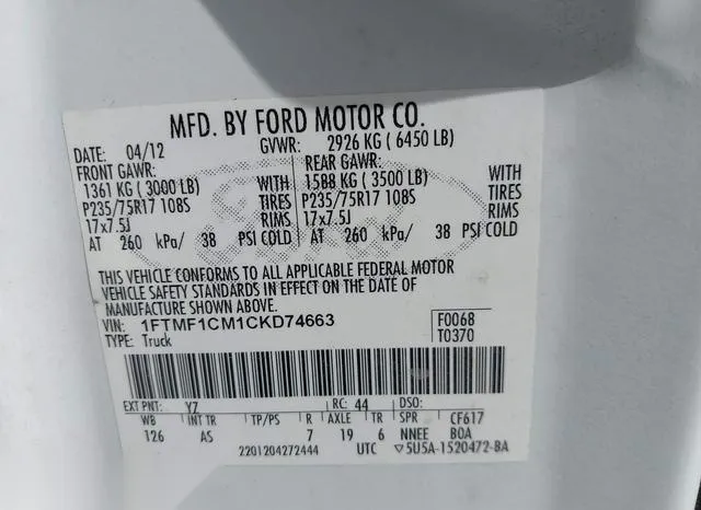 1FTMF1CM1CKD74663 2012 2012 Ford F-150- XL 9