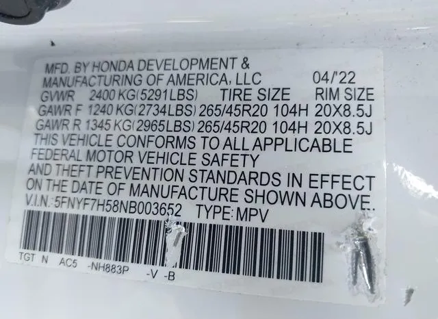 5FNYF7H58NB003652 2022 2022 Honda Passport- 2Wd Ex-L 9