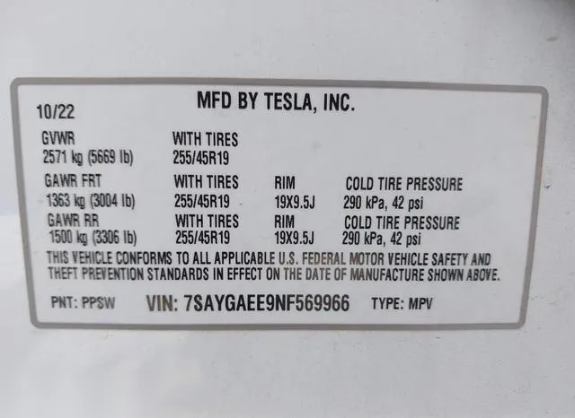 7SAYGAEE9NF569966 2022 2022 Tesla Model Y- Long Range Dual M 9