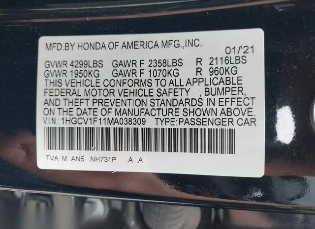 1HGCV1F11MA038309 2021 2021 Honda Accord- LX 9