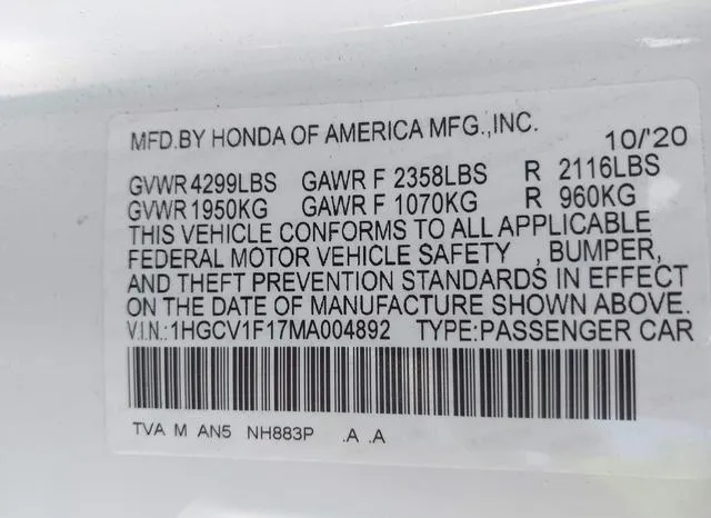 1HGCV1F17MA004892 2021 2021 Honda Accord- LX 9