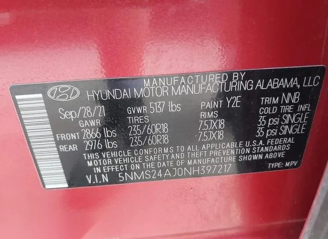 5NMS24AJ0NH397217 2022 2022 Hyundai Santa Fe- Sel 9