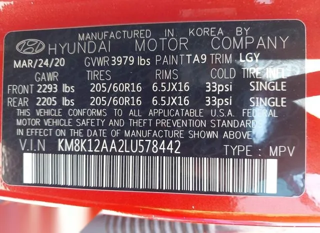 KM8K12AA2LU578442 2020 2020 Hyundai Kona- SE 9